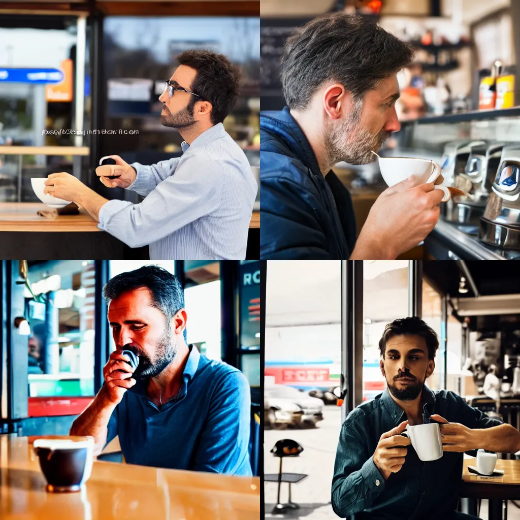 Prompt: an italian man drinking an espresso at a coffee bar in a gas station, side view, ultra realistic picture, 8 k,