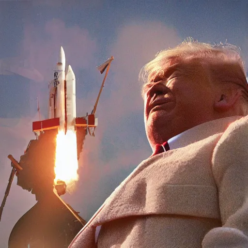 Image similar to donald trump strapped to a rocket sent into space, natural light, photograph - shot, by terry richardson