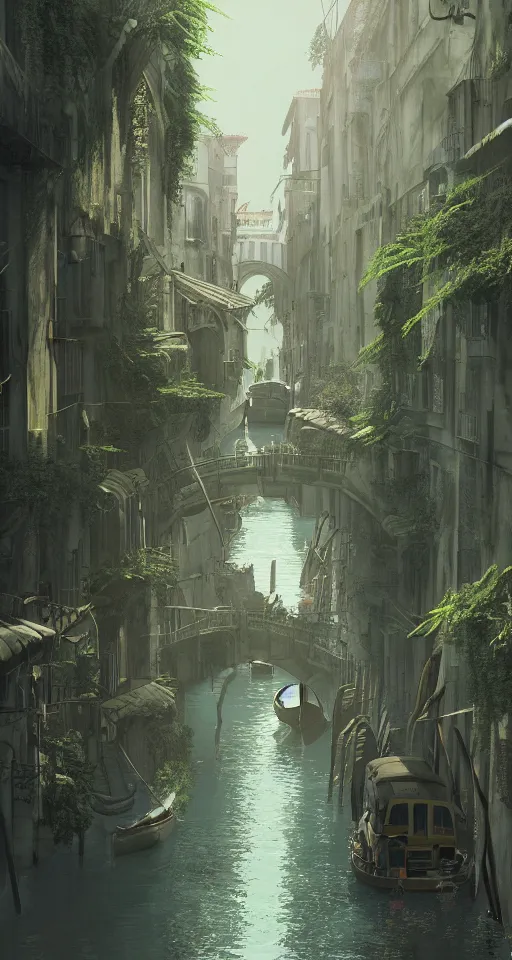 Prompt: a canal in venice, dystopian, steampunk style, Miyazaki tekkonkintreet Teikoku Shounen style, amazing Traditional Japanese alley lane on full moon, machinery and wires, lush vegetation and ferns, sun rays, octane render, trending on artstation, hyper detailed, cinematic