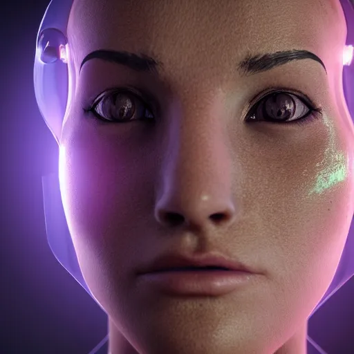 Image similar to Macro portrait of a cyborg woman's face (half human half robot), rendered in unreal engine, rendered in octane render, rendered in blender, unreal engine, octane, blender, dark studio lighting, bright, glowing aura, vividly beautiful colors, bioluminescence, bioluminescent lighting, volumetric lighting