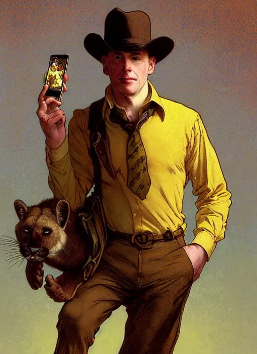 Prompt: beautiful full-body portrait commission of a [male furry anthro!!! albino mountain lion] [wearing a yellow button-down shirt, olive green slacks] [in a Old-timey saloon]. Atmospheric. Renowned character illustration by greg rutkowski, thomas kindkade, alphonse mucha, loish, norman rockwell. detailed, inked, western comic book art