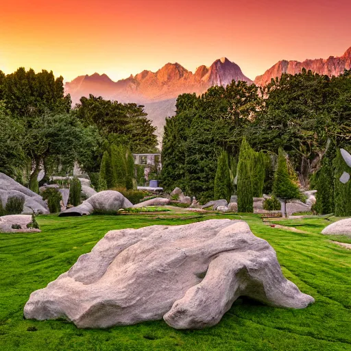 Prompt: a granite sculpture garden by Michelangelo on a green lawn, distant mountains, golden hour, 8k, DSLR Camera, hyperrealistic, Enormous creatures augment my desire
