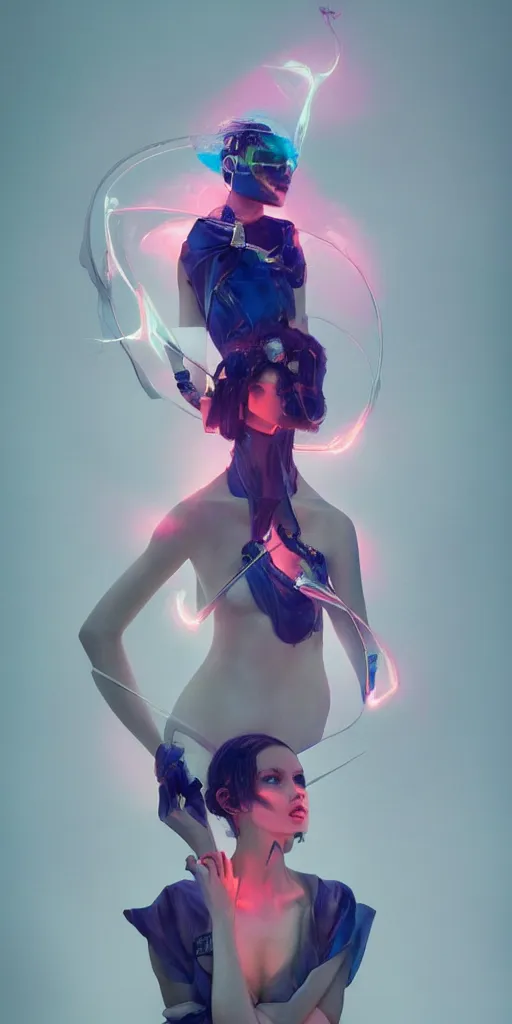 Image similar to hyperrealistic futuristic high fashion photography, girl in studio, vogue magazine, nomad masterpiece, nano parts, neon lights, smoke playing on a harp, eerie music, beautiful face and flawless skin, perfect hands, head piece, by Edgar Maxence and Ross Tran and Michael Whelan