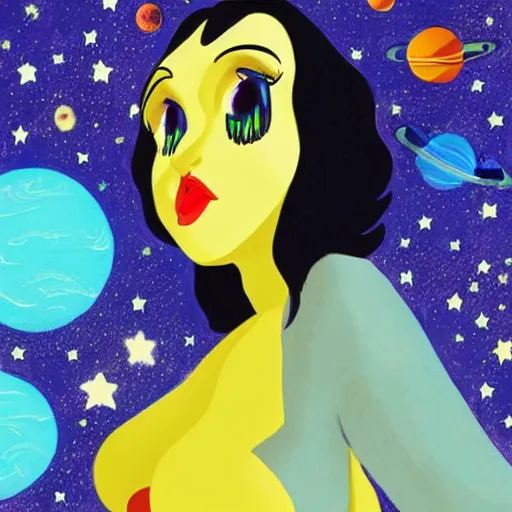 Prompt: Disney art, big goth GF floating in the endless void, past planets and stars, she is huge, light-years in size