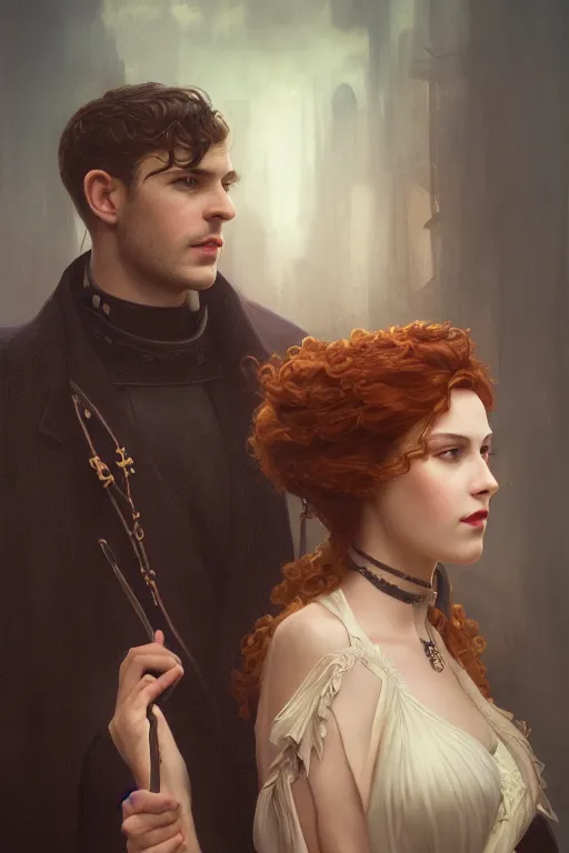 Image similar to a portrait of handsome young evil male Satan and his elegant beautiful wife, bored, illustration, dramatic lighting, soft details, painting oil on canvas, art nouveau, octane render, HDR, 4k, 8k, HD, by Edmund Blair Leighton, Brom, Charlie Bowater, trending on artstation, faces by Tom Bagshaw, Sargent