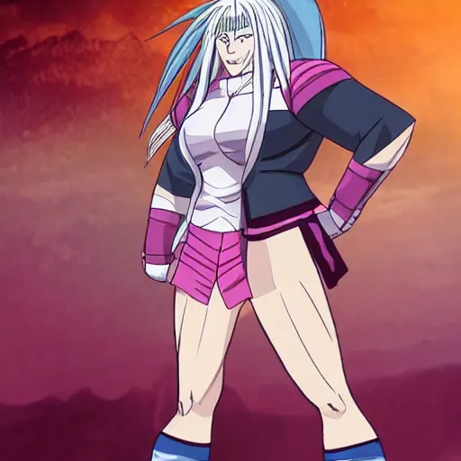 Prompt: sakura ogami from danganronpa, a female japanese gigachad with long white hair, lots of muscles, a feminine dress, and angular features