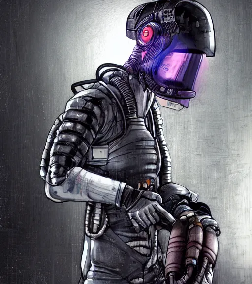 Prompt: realistic cyberpunk japanese engineer with long limbs and a black spacesuit welding a wall, techwear, dead space, visible face, Industrial Scifi, detailed illustration, character portrait, by Martin Grip and Moebius