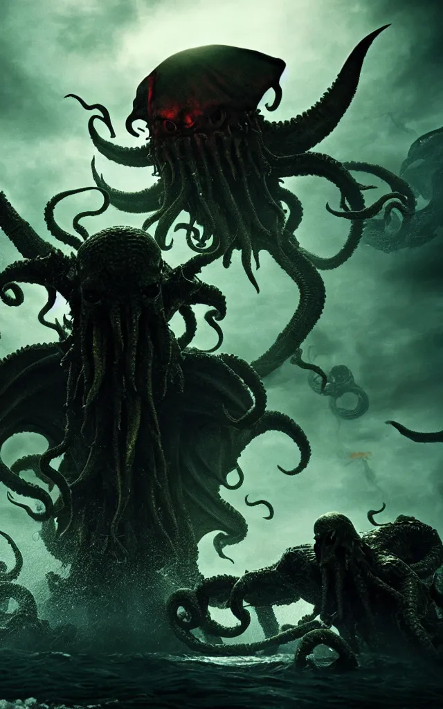 Image similar to pirates fighting cthulhu, cinematic atmosphere, maximized, high detail, 8k, ornate, dark fantasy, masterpiece, complex, film still from the movie directed by Denis Villeneuve