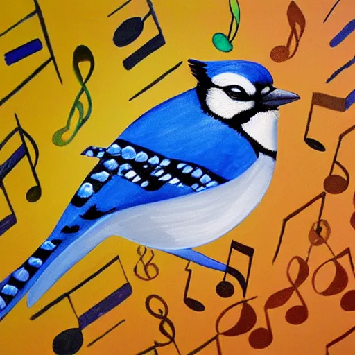 Image similar to painting of a bluejay surrounded by music notes