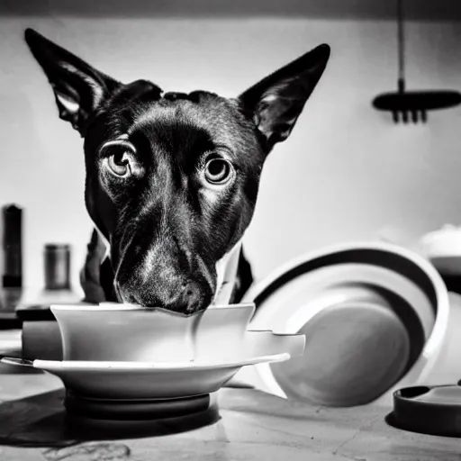 Prompt: a very detailed and sharp photo of a dog doing the dishes