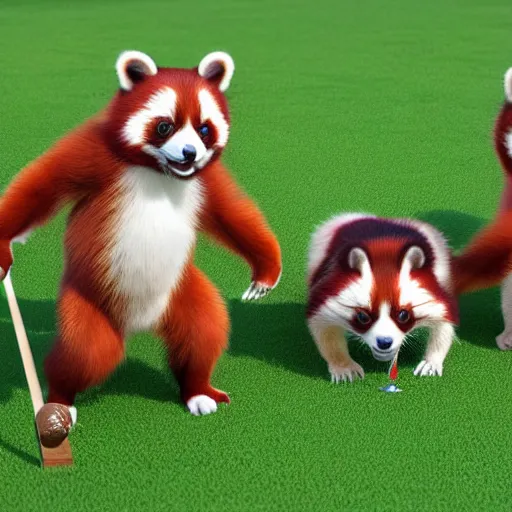 Prompt: very cute friendly happy high energy red pandas at a garden party playing croquet, artwork by mark brooks, 3D render, UE5, 8K, 4K