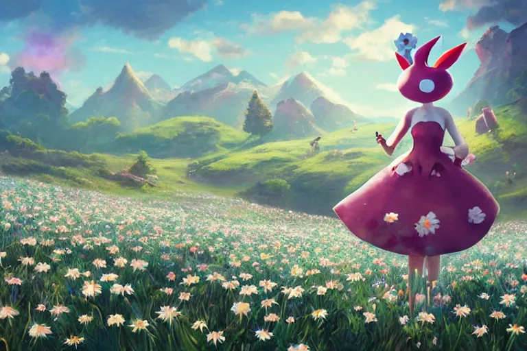 Prompt: ( low p oly ) playstation 1 9 9 9 running ( ( anthropomorphic ) ) ( ( lurantis ) ) maid wearing a hat standing in a ( field of daisies ), mount coronet in the distance digital illustration by ruan jia on artstation