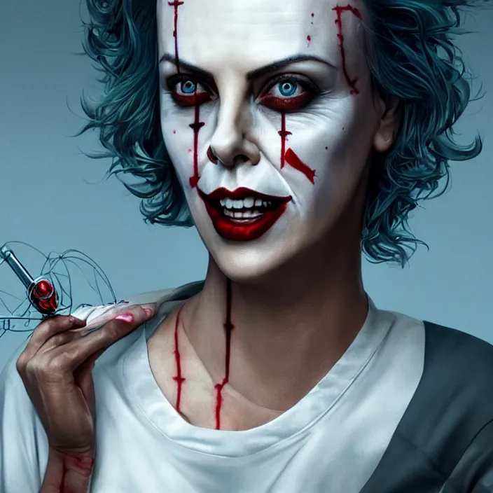 Image similar to portrait of charlize theron as a nurse joker. intricate abstract. intricate artwork. by tooth wu, wlop, beeple, dan mumford. octane render, trending on artstation, greg rutkowski very coherent symmetrical artwork. cinematic, hyper realism, high detail, octane render, 8 k, iridescent accents