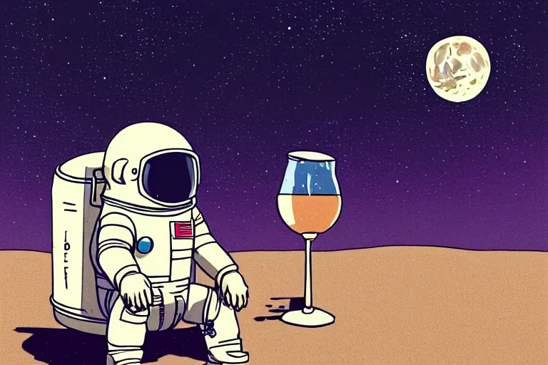 Image similar to a study of a cell shaded cartoon astronaut holding and drinking a beer on a desert road in front of a big moon, full body, wide shot, very muted colors, post grunge, studio ghibli, laurie greasley, highly detailed, deviantart, art by artgem