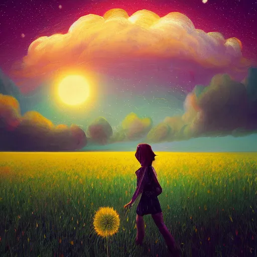 Image similar to giant flower as a head, girl walking in wheat field, hills, surreal photography, dark night, star trails, dramatic light, impressionist painting, clouds, digital painting, artstation, simon stalenhag