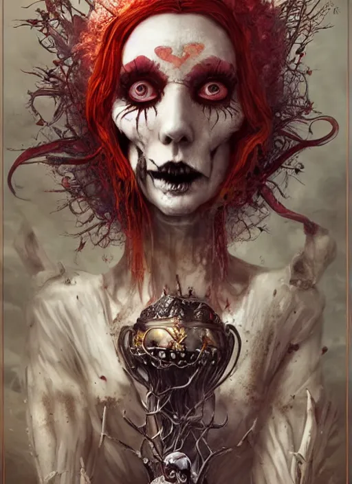 Prompt: Hungry Queen of Hearts with White Rabbit, Death Tarot card,highly detailed,half skull face,cinematic,8k,by Stanley Artgermm,Tom Bagshaw,Greg Rutkowski,Carne Griffiths, Ayami Kojima, Beksinski, Giger,trending on DeviantArt,hyper detailed,horror, full of colour