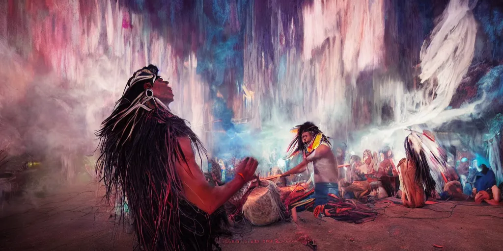 Image similar to of Native American shaman drumming by Liam Wong and Boris Vallejo