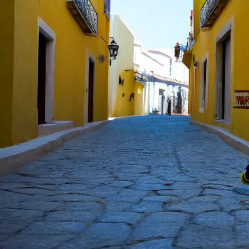 Image similar to super cute minion walking on a sunny Andalusian village, movie still, 4k