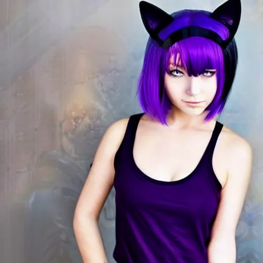 Image similar to anime girl with short purple hair and cat ears and a black tank top, aesthetic