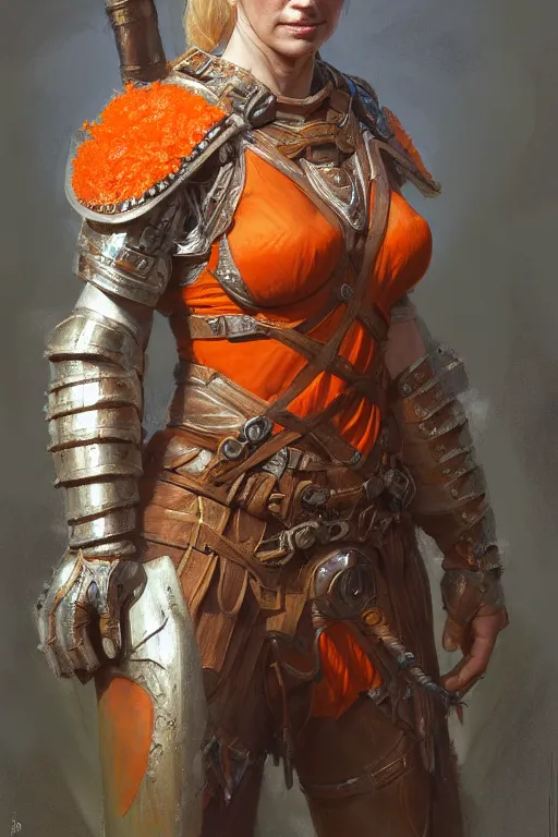 Image similar to full - body portrait of a ranger, female, white and orange breastplate, magical, high fantasy, d & d, by donato giancola, craig mullins, jeremy mann, face details, extremely detailed, digital illustration