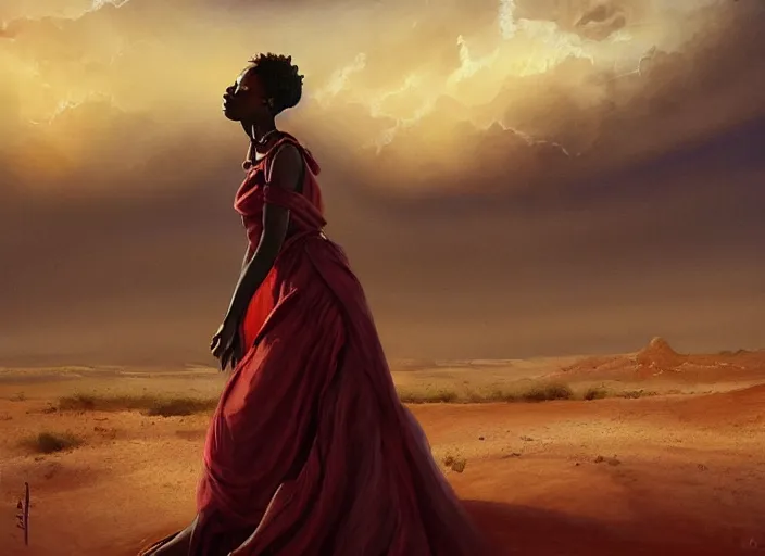 Image similar to desert landscape, portrait painting beautiful realism, an african girl with red hair, wear gowns, who was sprawled out was about to rise, his face covered in blood. cinematic scene, good lighting, fine art, trending on artstation, smooth draw, sharp focus.