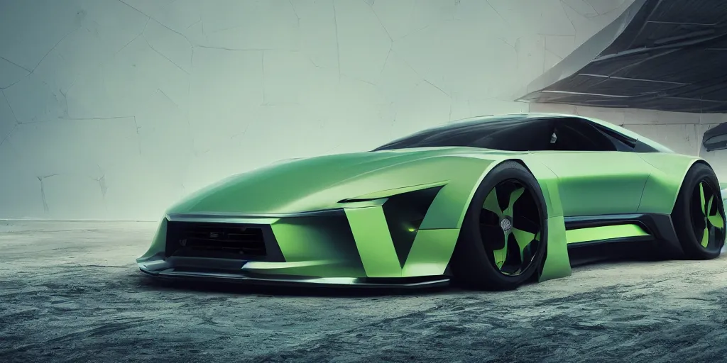 Image similar to a design of a futuristic race car, lifted off-road tires, designed by Polestar and DMC, vaporwave sunrise background, brushed green copper car paint, black windows, dark show room, dramatic lighting, hyper realistic render, depth of field