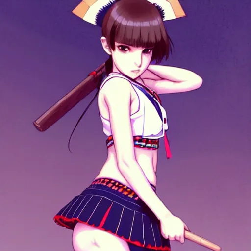 Image similar to a beautiful! boyish! natalie portman alluring gravure! model, wearing japanese school girl outfit with mayan pattern and native style, aztec street fashion, gapmoe yandere grimdark, trending on pixiv fanbox, painted by greg rutkowski makoto shinkai takashi takeuchi studio ghibli, akihiko yoshida