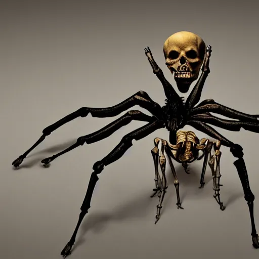 Prompt: a human skeleton mounting a giant spider