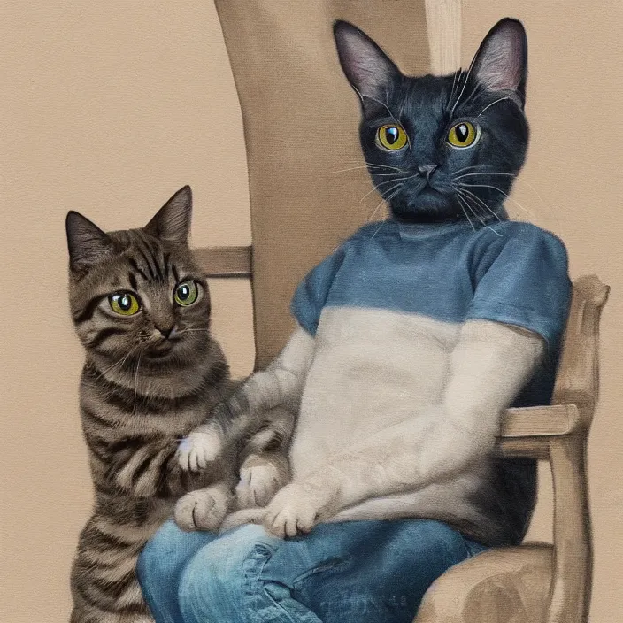 Prompt: a highly detailed painting of an animorphism cat sitting in chair petting a small bald human on his lap, 8k, trending on artstation