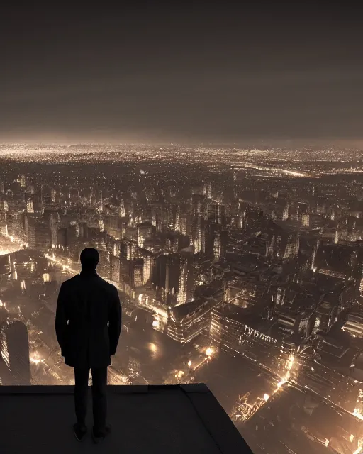 Prompt: a night rooftop scene, close up shot of a photorealistic gangster wearing a trench coat looking at the city below, unreal engine, hyper realism, realistic shading, cinematic composition, 4K ultra high resolution