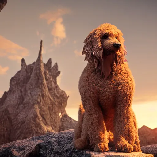 Image similar to A mix between a goldendoodle and a dragon, highly detailed, 8k, Unreal Engine render