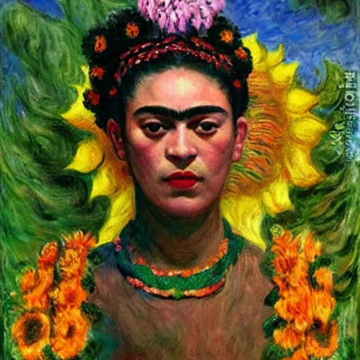 Prompt: midsommar god of sun by claude monet, frida kahlo