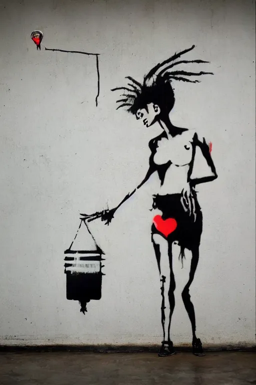Prompt: a woman inside of an empty light bulb. the woman has wings. by banksy and basquiat