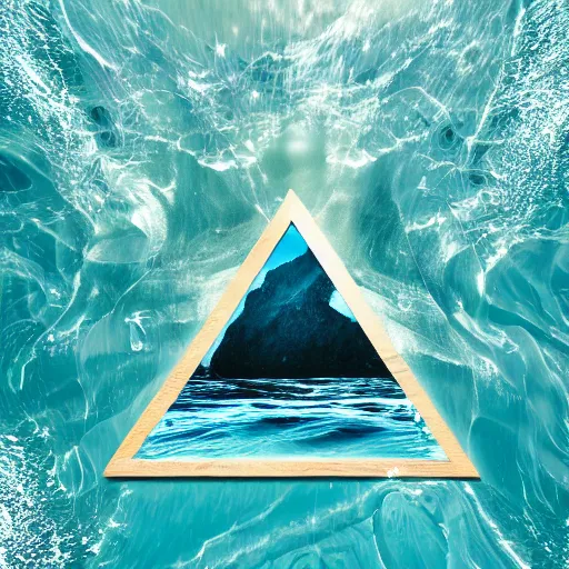 Image similar to water artwork manipulation inside the shape of a downward - facing triangle, on the ocean water, ray tracing, realistic water, focus, long shot, 8 k resolution, cinematic, water art photoshop