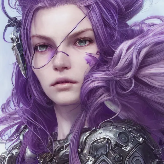 Image similar to close facial portrait of a pale woman in power armor with flowing purple hair, elegant, stoic, intense, ultrafine hyperdetailed illustration by kim jung gi, irakli nadar, intricate linework, sharp focus, bright colors, octopath traveler, final fantasy, hearthstone, highly rendered, global illumination, radiant light, detailed, intricate environment