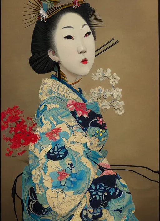 Prompt: detailed oil painting of geisha with flower grow out from the face, james jean, chogiseok, baroque, impressionism, cool temperature