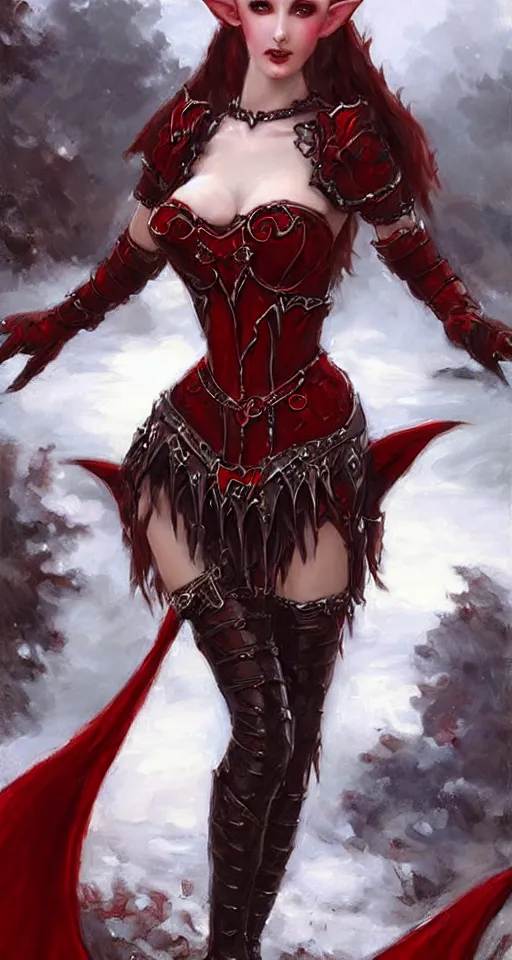 Image similar to Gothic elf princess in red dragon armor by Konstantin Razumov, square crop from the 512x960 full body shot