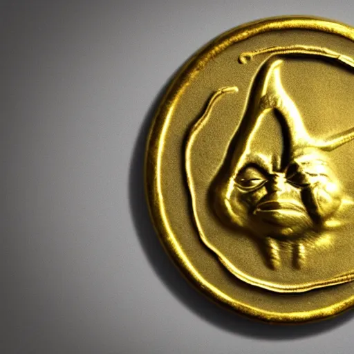 Image similar to An ancient gold coin with the Yoda on it along with ancient writing and its value, cinematic, hyper realism, high detail, octane render, 8k