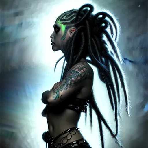 Prompt: portrait of a female cybergoth dreadlocks, dark, piercing eyes, exotic expression, esoteric clothing, photorealistic, highly detailed, mysterious lighting, artstation, smooth, sharp focus, art by michael whelan, artgerm, greg rutkowski and luis royo