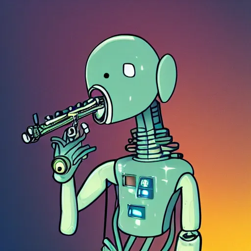 Prompt: cyberpunk robotic squidward playing clarinet, sharp lines, digital, artstation, colored in