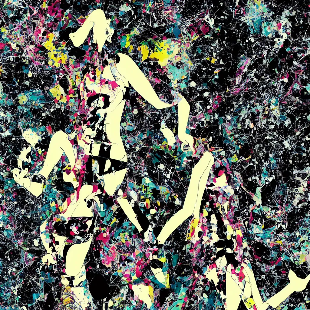 Image similar to girl figure, abstract, jet set radio artwork, ryuta ueda artwork, cryptic, rips, spots, asymmetry, stipple, lines, glitches, color tearing, pitch bending, stripes, dark, ominous, eerie, hearts, minimal, points, otomo katsuhiro artwork, technical, natsumi mukai artwrok, folds