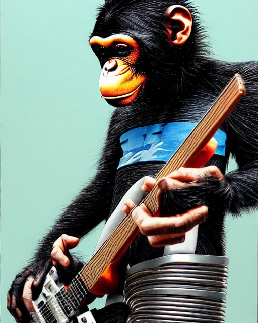 Image similar to a portrait of an anthropomorphic cyberpunk chimp shredding an electric guitar by sandra chevrier, by jon foster, detailed render, tape deck, epic composition, cybernetics, 4 k realistic, cryengine, realistic shaded lighting, sharp focus, masterpiece, by enki bilal