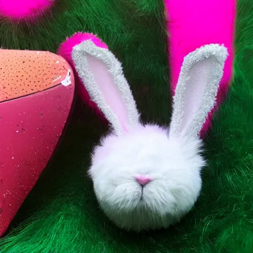 Image similar to an adorable cubic bunny creature with heart patters on its fur