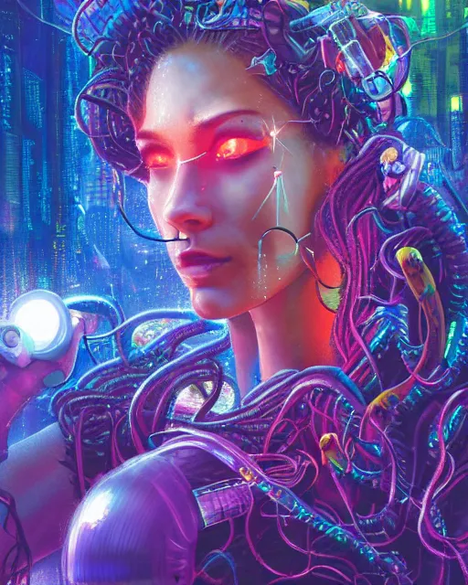 Prompt: a cyberpunk close up portrait of cyborg medusa, electricity, rainbow, snakes in hair, sparks, bokeh, soft focus, sparkling, glisten, water drops, cold, dark, geometric, temples behind her, by paul lehr, jesper ejsing