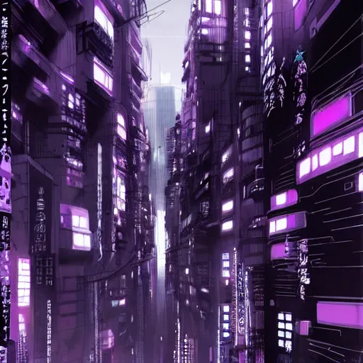 Image similar to Futuristic Concrete Dense Tokyo in style of Tsutomu Nihei in purple and black tones. ArtStation, Cyberpunk, vertical symmetry, 8K, Highly Detailed, Intricate, Album Art.