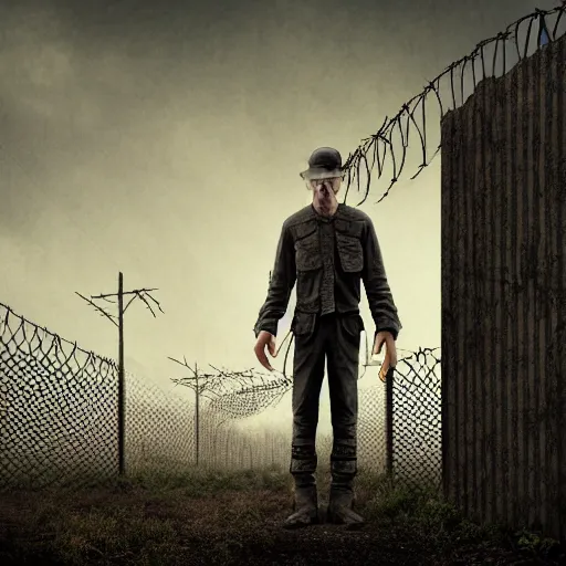 Image similar to a dystopian matte painting of a scared man standing in front of a fence with barbed wire, by jeffrey smith, tim biskup, behance contest winner, wallpaper, digital illustration