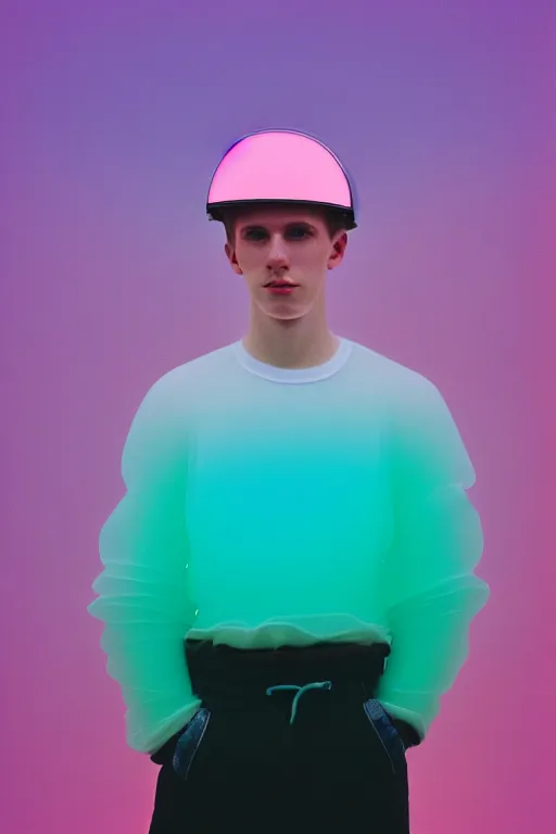 Image similar to high quality pastel coloured film mid angle portrait photograph of a beautiful young 2 0 year old male, soft features, short hair, perspex space visor and oversized inflated clothing!!!! icelandic black! rock pool environment. atmospheric three point light. photographic. art directed. ( pastel colours ). volumetric. clearcoat. waves. 8 k. filmic.