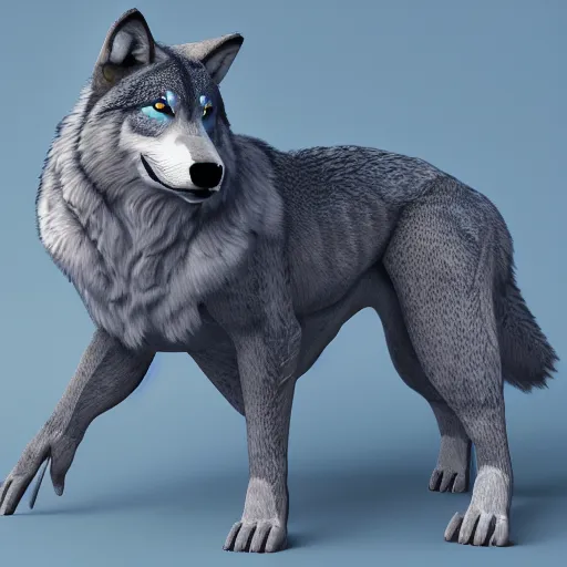 Image similar to 3 d render, well toned, large and tall, female, anthropomorphic wolf with a short snout, furless, blue scales with white spots, blue scales covering her chest.