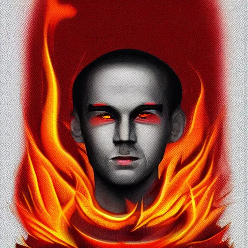 Image similar to portrait of alexander abdulov, with a red eyes, on fire, icon style