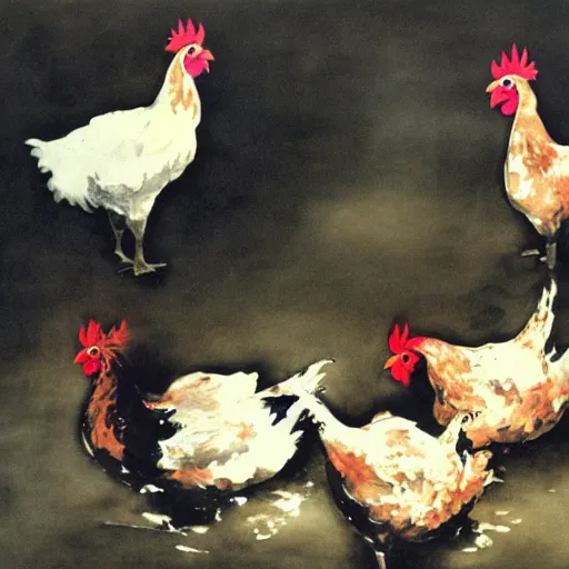 Prompt: chickens bathing in wine, Yoji Shinkawa